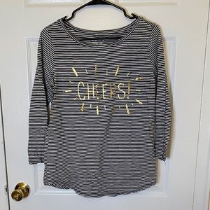 LOFT Women’s Medium Graphic “Cheers” Long Sleeve Black and White Striped Shirt